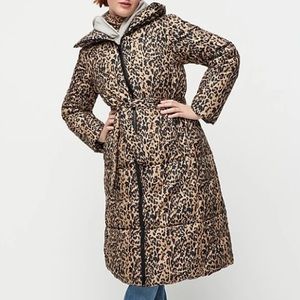 J. Crew S Leopard Long Belted Puffer With Primaloft